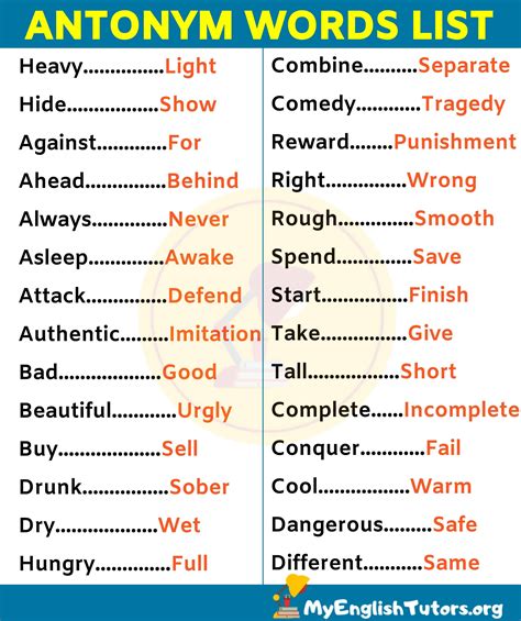 list   important antonyms examples  esl learners  english