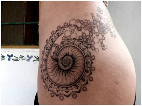Nautilus And Honeycomb Black And Grey Sacred Geometry Tattoo