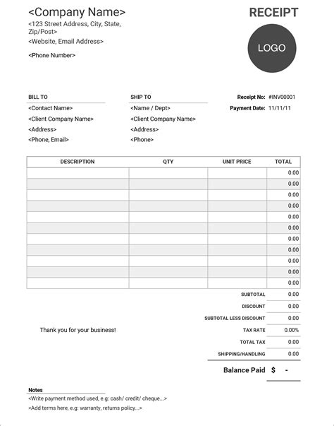 receipt templates   microsoft word excel  google sheets