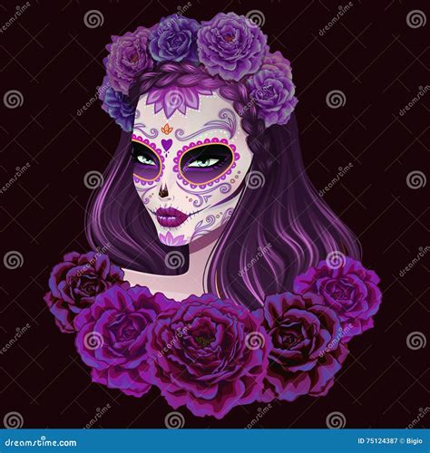 beautiful sugar skull woman illustration day  dead illustration