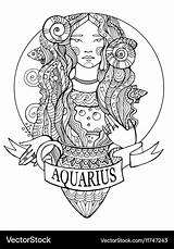 Aquarius Coloring Sign Zodiac Vector Book Adult Tattoo Stress Anti Royalty Illustration Preview sketch template