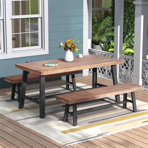 outdoor patio furniture dining set solid wood outdoor table  bench set  metal frame
