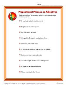 prepositional phrases  adjectives worksheet    grade