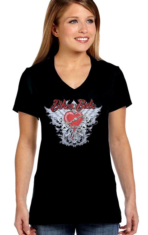 ladies biker babe heart with wings crew or v neck biker t shirt design