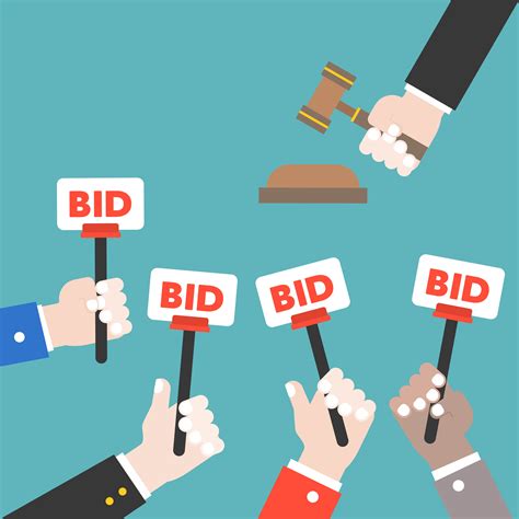 hand hold bid sign  judge hammer auction bidding concept flat