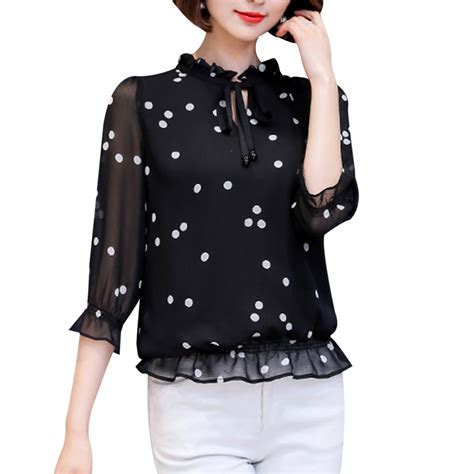 korean elegant chiffon blouse women polka dot long sleeve ruffles