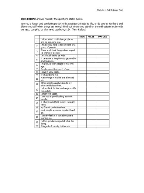 Module 4 Self Esteem Test Pdf Psychological Concepts Psychology