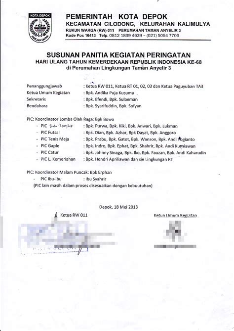 Surat Pemberitahuan Kontribusi Iuran Susunan Panitia