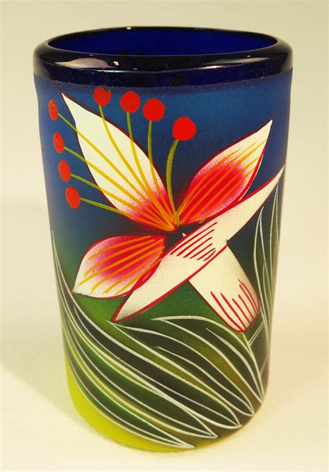 Mexican Glass Tumblers 16 Oz Set Of Four Hand Painted Orchid