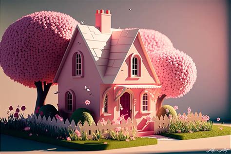cute mini pink cartoon house  garden graphic   art