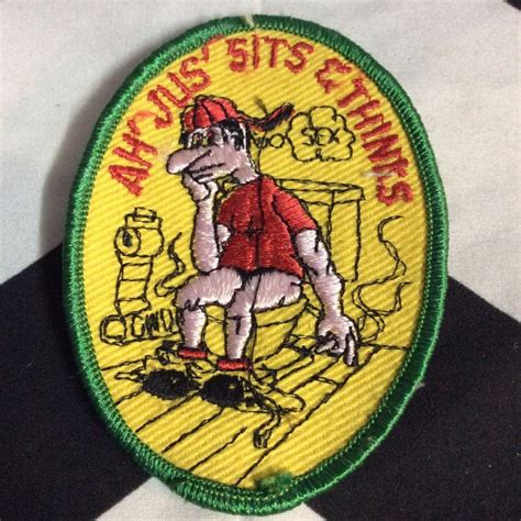 embroidered patch ah jus sits thinks man  toilet boardwalk vintage
