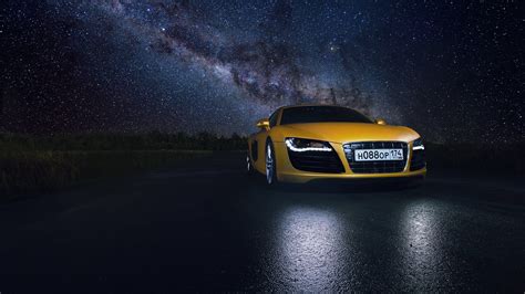 hd wallpaper audi r8 yellow supercar night space star road reflection