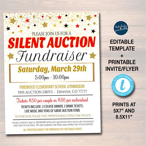 silent auction fundraiser flyer ticket set tidylady printables