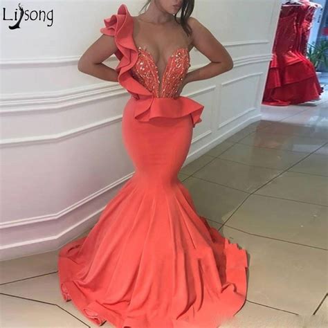 beautiful coral mermaid prom dresses zipper back beaded satin formal