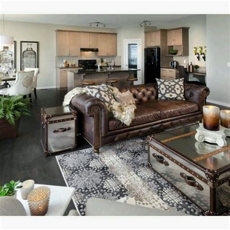 brown leather sofa  grey great room love