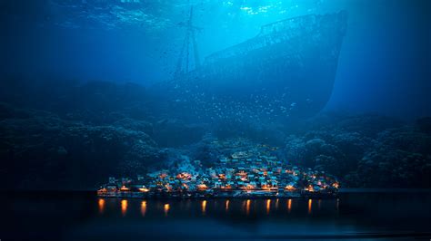 Ship And Town Underwater Wallpaper Hd Fantasy 4k