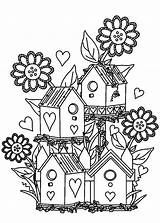 Coloring Pages Garden Flower Bird House Birdhouse Gardens Printable Clipart Color Print Colouring Flowers Houses Drawing Clip Adults Birds Outline sketch template