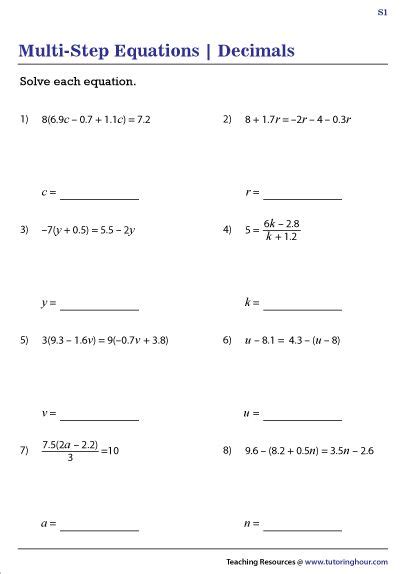 multi step equations  decimals  worksheets multi step