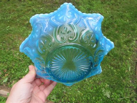 Antique Northwood Blue Opal Cashews Opalescent Glass Bowl Carnival Glass