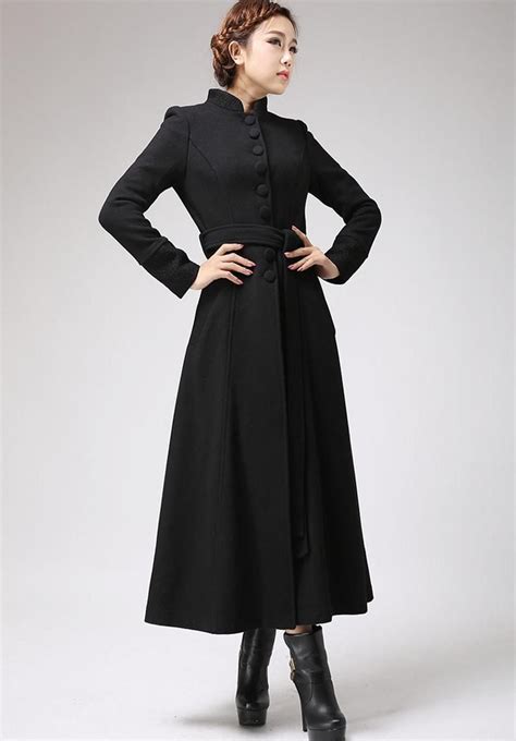 Black Maxi Wool Coat Mandarin Collar Long Wool Coat Winter Etsy In