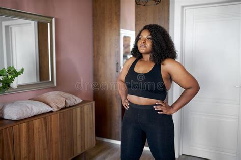 Attractive Afro American Black Female Engaged In Fitness At Home Stock