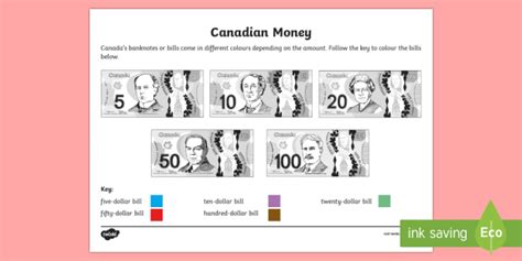 canadian money worksheet   banknotes colouring page