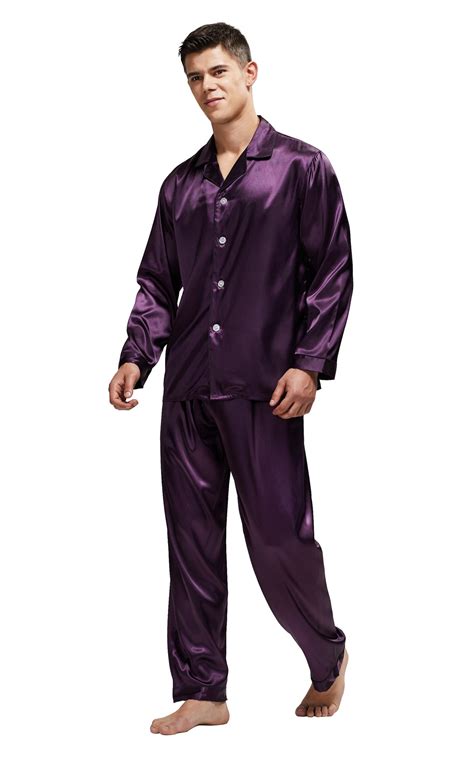 mens silk satin pajama set long sleeve dark purple  black piping tony candice