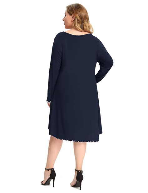 Larace Plus Size Long Sleeve Sleepwear Knee Length Dress V Neck Buttons