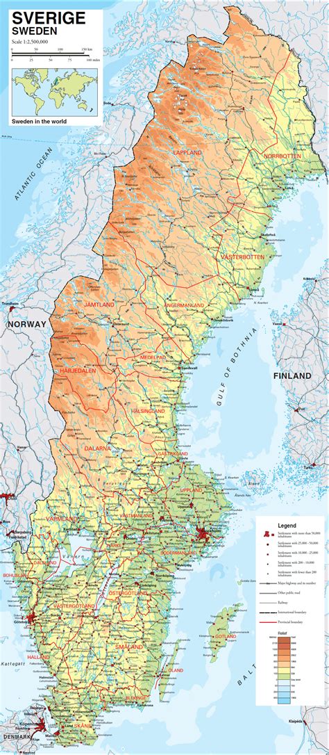 large detailed physical map  sweden   roads villages  cities vidianicom maps