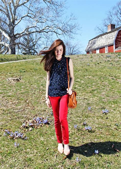 red pants preppy style spring classy girls wear pearls preppy style