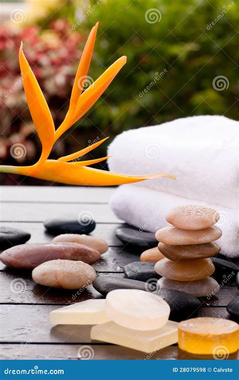 tropical spa massage  zen stones  towels stock photo image
