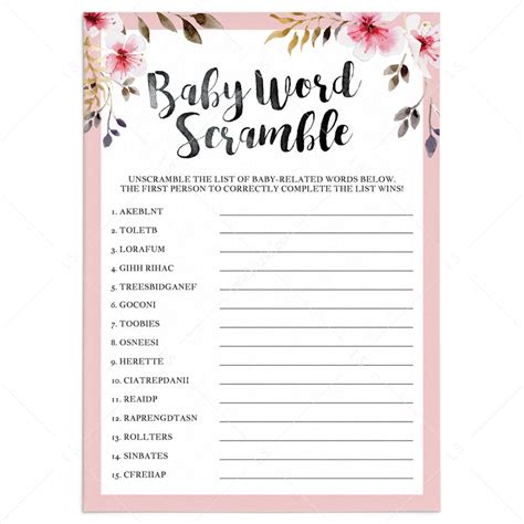 printable word scramble games  baby shower instant