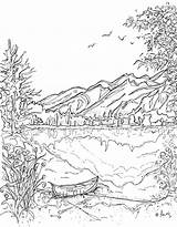 Coloring Pages Landscape Mountains Printable Mountain Nature Drawing Lake Adult Adults Canoe Colouring Scene Kids Water Jasper Serenity Book Landscapes sketch template