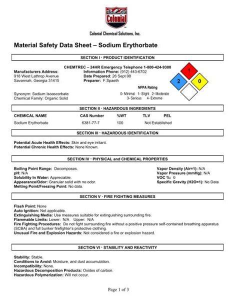 material safety data sheet â sodium erythorbate colonial