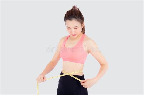 Beautiful Slim Young Asian Woman Measuring Tape Thin Waist Wear Uniform