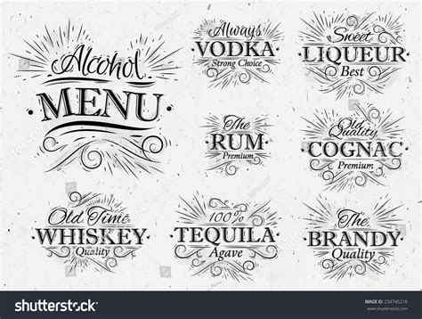 set alcohol menu beverages lettering names stock vector  shutterstock
