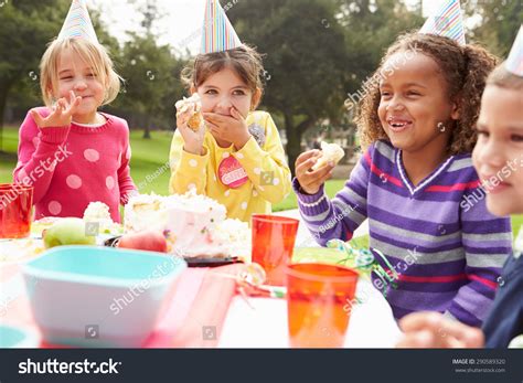 group  children  outdoor birthday party stock photo
