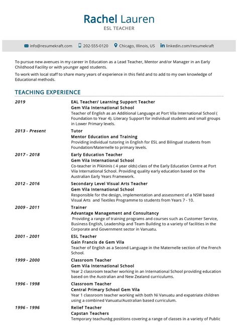 esl teacher resume sample   resumekraft