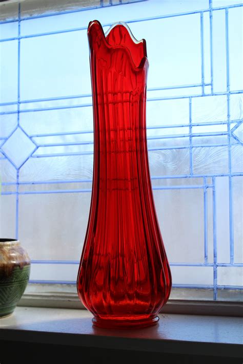 Large Red Glass Vase 20 Vintage Mid Century Modern Swung Glass