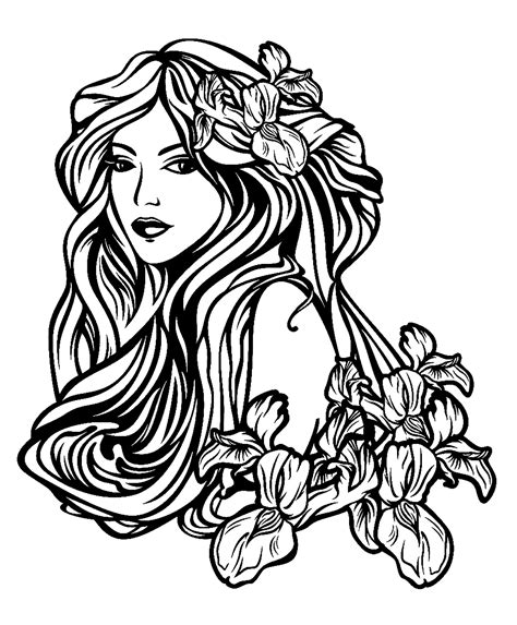 woman  long hair  flowers tattoos adult coloring pages