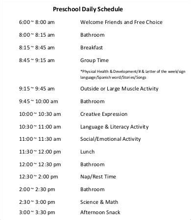 daycare daily schedule template  samples examples format