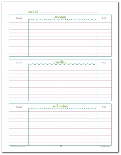 weekly student planner printable page  blue green  pink colour