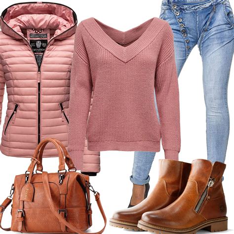 frauen style mit altrosa steppjacke und pullover outfitsyoude