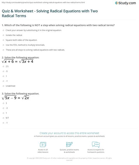 quiz worksheet solving radical equations   radical terms