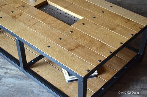 table basse sur mesure bois  metal  rivets argos