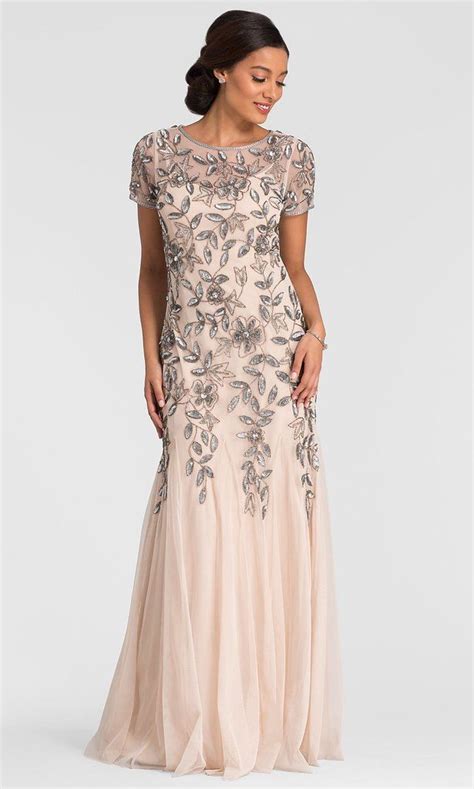 adrianna papell floral beaded godet gown taupe pink