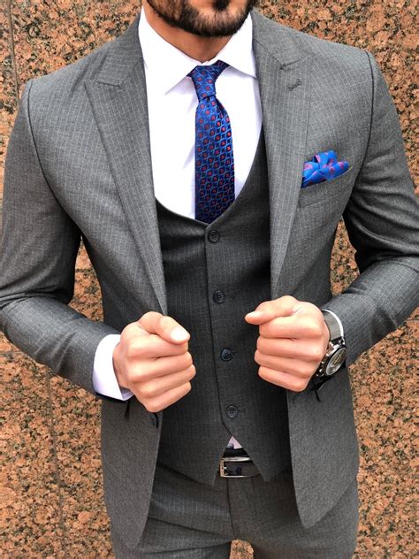 buy gray slim fit striped suit by with free
