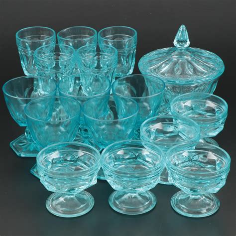 Fostoria Virginia Light Blue Pressed Glass Drinkware And Lidded Bowl