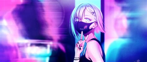 Download 1920x1080 Anime Girl Black Mask Short Hair Neon Lights