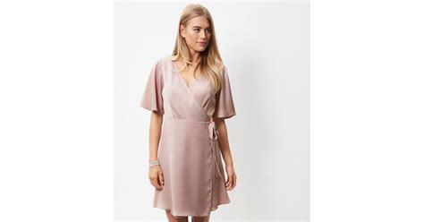 pink sateen flutter sleeve wrap dress new look